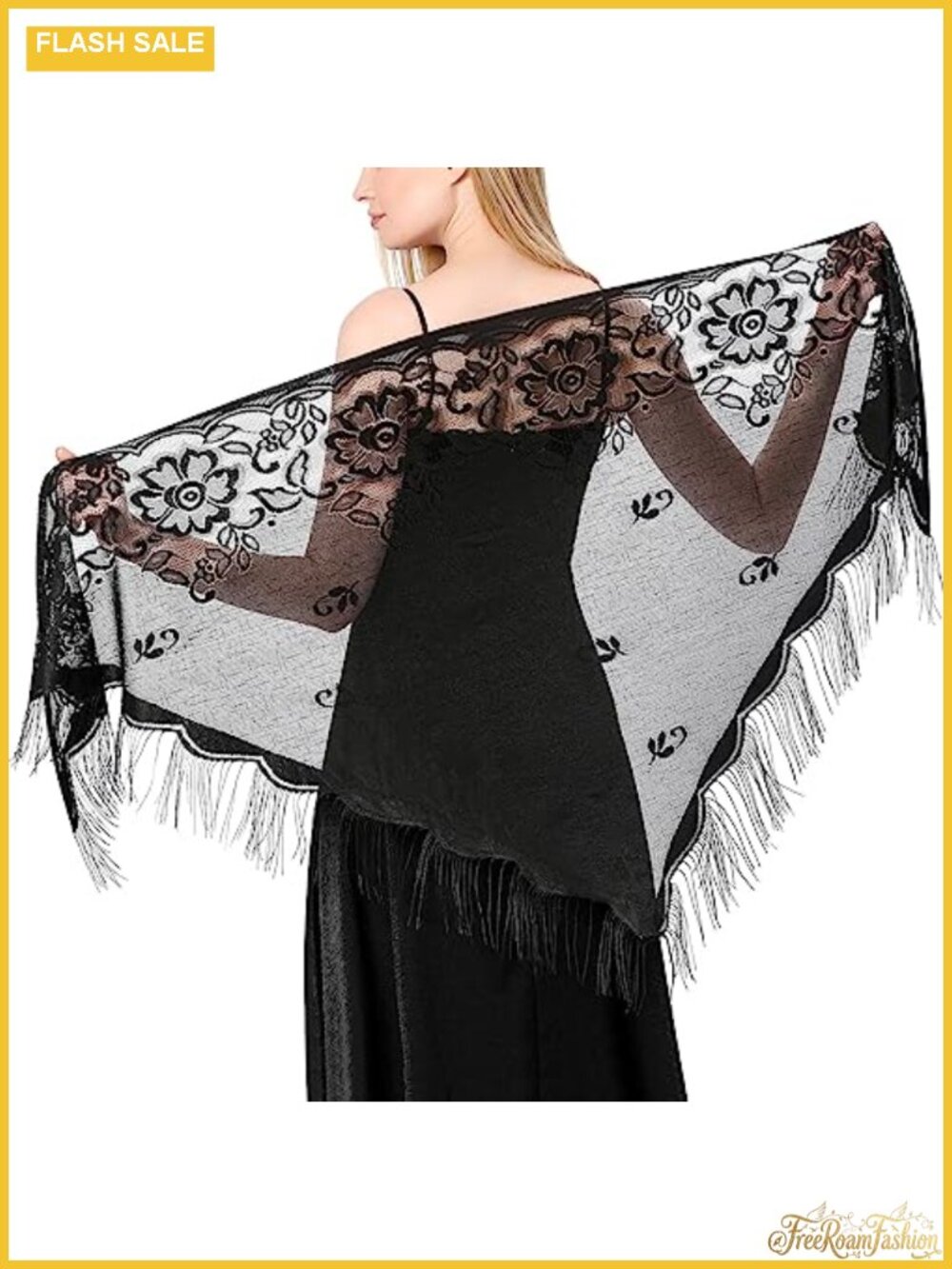 Lace Triangle Shawl Wrap Tassels Floral Sheer Evening Scarf